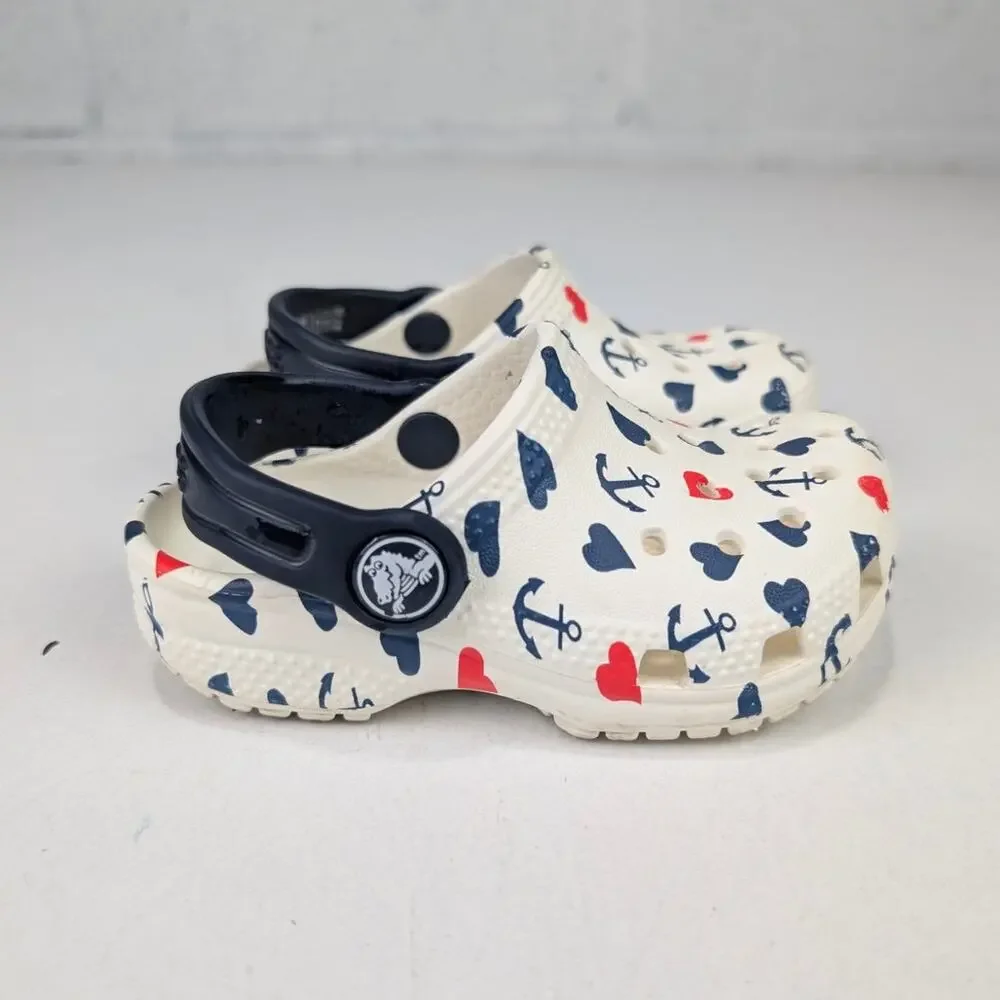 Crocs Toddler 6 Anchor & Hearts Print Clogs Sandals - Red/White/Blue